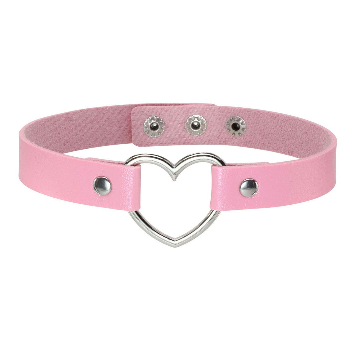 Eigso Vintage Retro Steampunk Collar Choker for Women and Men with Love Heart Metal PU Necklace Cool Adjustable (Pink)