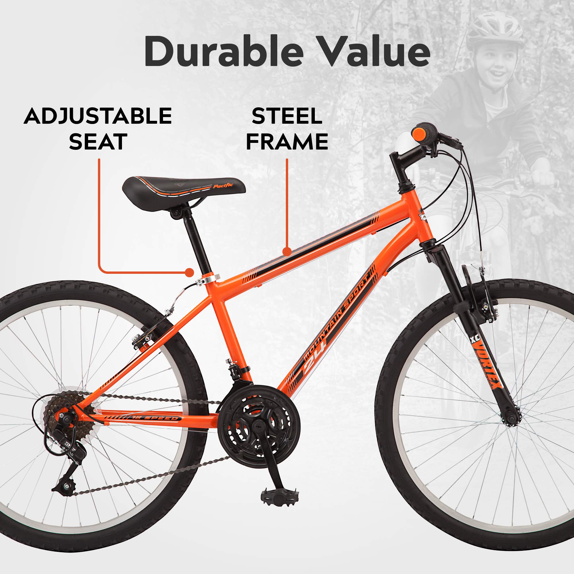 Pacific Mountain Sport Youth/Adult Hardtail Mountain Bike, Boys and Girls, 24-Inch Wheels, 18 Speed Twist Shifters, Front Suspension, Steel Frame, Orange