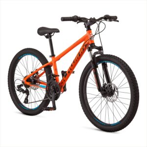 schwinn high timber alx mountain bike for youth boys girls, 24-inch wheels, 21-speeds, front suspension, aluminum frame, mechanical disc brakes, orange