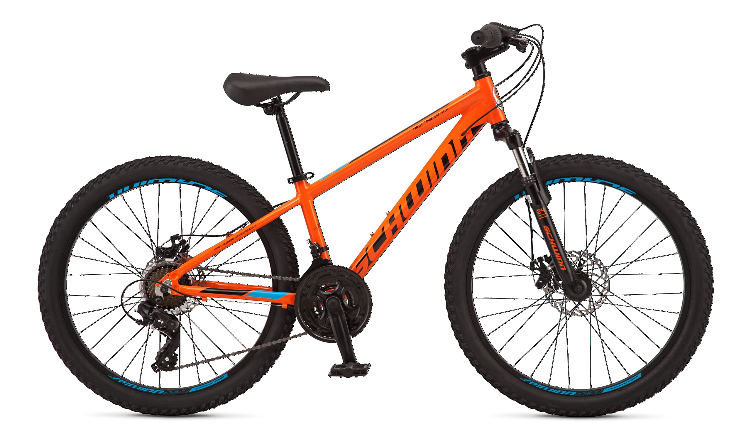 Schwinn High Timber ALX Mountain Bike for Youth Boys Girls, 24-Inch Wheels, 21-Speeds, Front Suspension, Aluminum Frame, Mechanical Disc Brakes, Orange