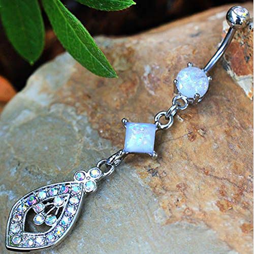 Amelia Fashion 14GA Opal & Aurora Teardrop Externally Threaded Belly Button Ring Dangle Belly Button/Navel Ring Double Jeweled 316L Surgical Steel (Aurora Borealis)