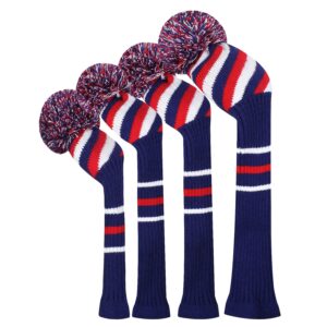 Scott Edward 4PCS Wood Golf Head Cover Knit, for Driver Fairway Hybrid, with Rotating Number Tags Blue Red White