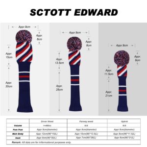 Scott Edward 4PCS Wood Golf Head Cover Knit, for Driver Fairway Hybrid, with Rotating Number Tags Blue Red White