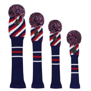 Scott Edward 4PCS Wood Golf Head Cover Knit, for Driver Fairway Hybrid, with Rotating Number Tags Blue Red White