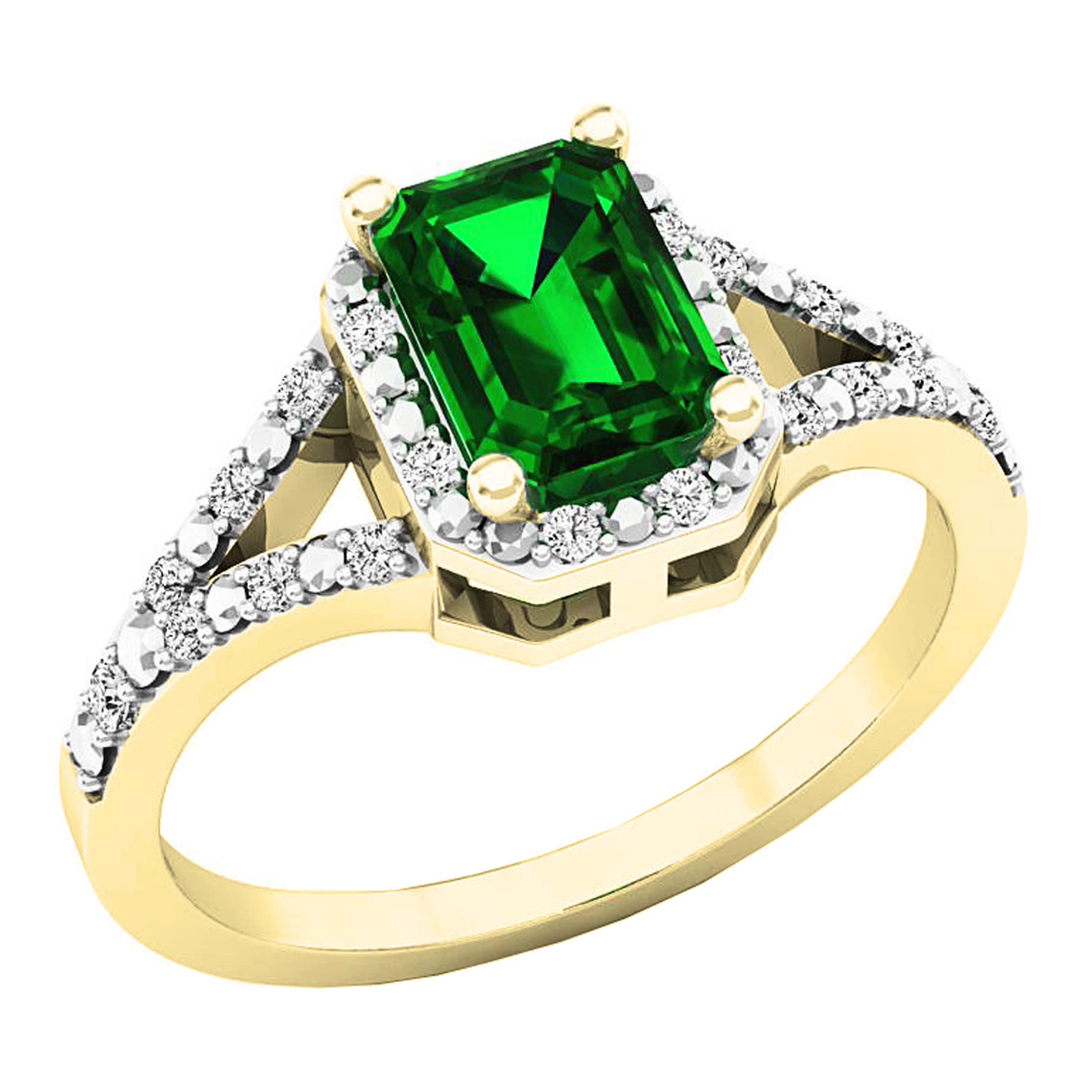 Dazzlingrock Collection 7x5mm Emerald Cut Lab Created Emerald & Round White Diamond Halo Split Shank Engagement Ring for Women in 10K Yellow Gold Size 6