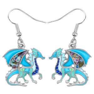 Enamel Alloy Dinosaur Fantasy Dragon Earrings Drop Dangle Unique Animal Jewelry for Women Dragons Gifts (Blue)