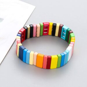 NVENF Tile Bracelets Enamel Rainbow Tile Bead Bracelets Colorblock Stackable Stretch Bracelets Bohemia Tile Strand Bangle Bracelet Set for Women Men