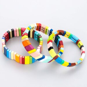 NVENF Tile Bracelets Enamel Rainbow Tile Bead Bracelets Colorblock Stackable Stretch Bracelets Bohemia Tile Strand Bangle Bracelet Set for Women Men