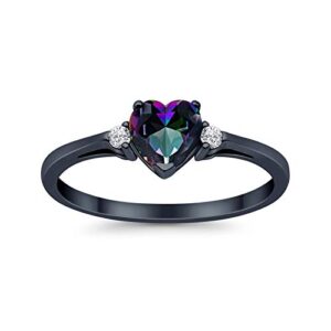 Blue Apple Co. Rainbow CZ Black Tone Size-6 Minimalist 7mm Promise Ring Trellis Three Stone Heart Shaped CZ Wedding Engagement Rings For Women 925 Sterling Silver Gifts For Her