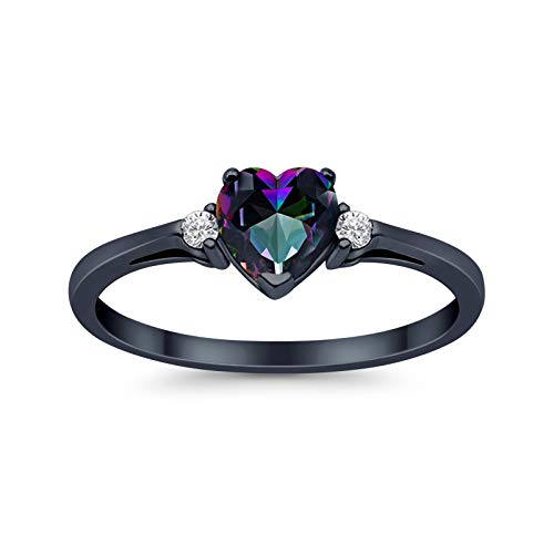 Blue Apple Co. Rainbow CZ Black Tone Size-6 Minimalist 7mm Promise Ring Trellis Three Stone Heart Shaped CZ Wedding Engagement Rings For Women 925 Sterling Silver Gifts For Her