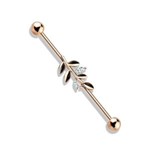 amelia fashion 14 gauge cz set leaf industrial barbell 316l surgical stainelss steel (choose color) (rose gold/clear)