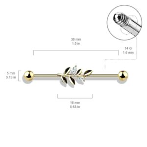 Amelia Fashion 14 Gauge CZ Set Leaf Industrial Barbell 316L Surgical Stainelss Steel (Choose Color) (Rose Gold/Clear)