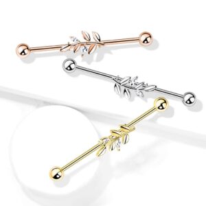 Amelia Fashion 14 Gauge CZ Set Leaf Industrial Barbell 316L Surgical Stainelss Steel (Choose Color) (Rose Gold/Clear)