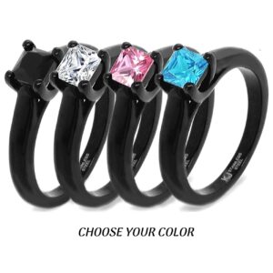 Solitaire Princess Ring - Black Rings for Women - Black Spinel Ring - White Cubic Zirconia Ring - Pink Ring CZ Stone - Blue CZ Rings - Black Engagement Ring (Pink, 9)