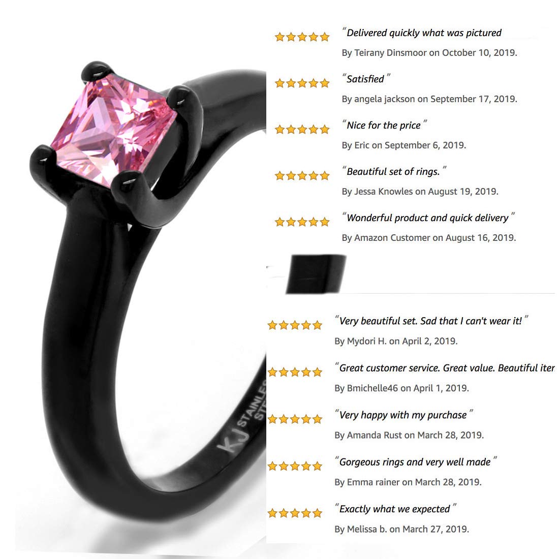 Solitaire Princess Ring - Black Rings for Women - Black Spinel Ring - White Cubic Zirconia Ring - Pink Ring CZ Stone - Blue CZ Rings - Black Engagement Ring (Pink, 9)