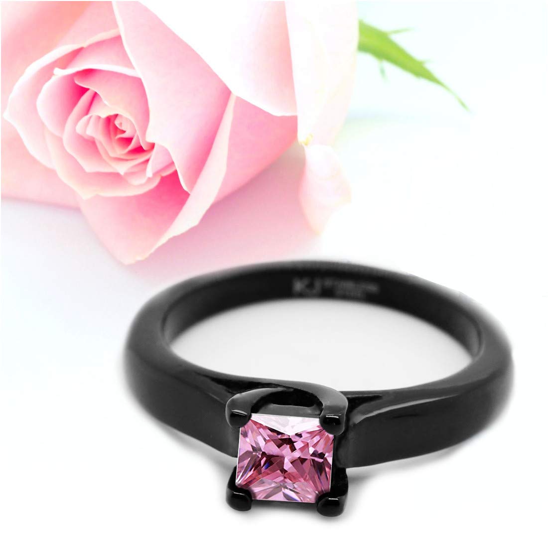 Solitaire Princess Ring - Black Rings for Women - Black Spinel Ring - White Cubic Zirconia Ring - Pink Ring CZ Stone - Blue CZ Rings - Black Engagement Ring (Pink, 9)