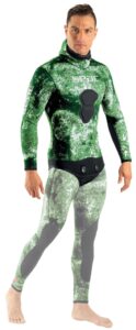 seac ghost, jacket in 7 mm ultrastretch neoprene with incorporated hood for freediving and spearfishing, camo green, medium