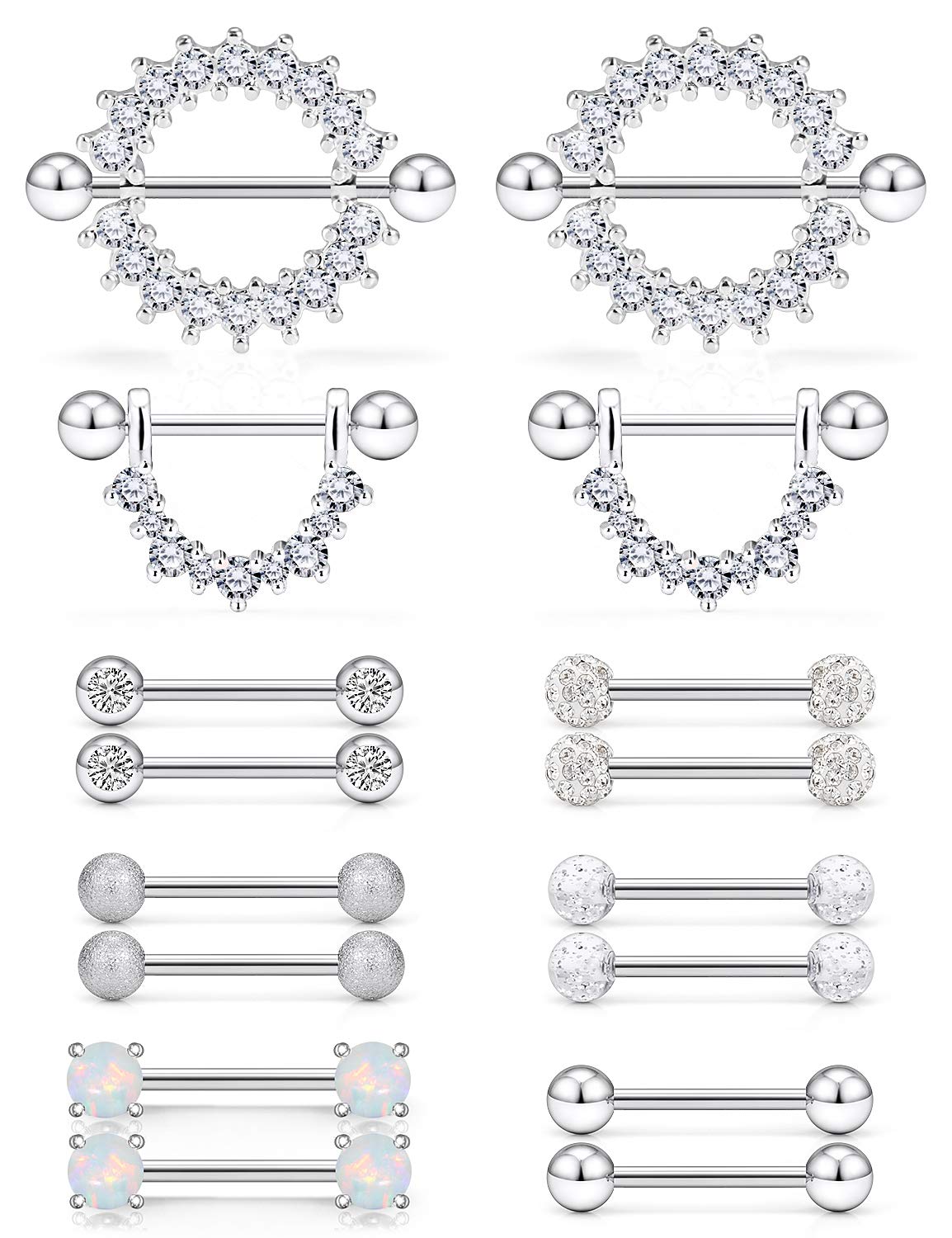 Yaalozei 16g Nipple Rings Piercing Jewelry Stainless Surgical Steel Silver Nipple Nipplerings Rings Bar Barbell Piercing Body Jewelry Rings for Women Girls Shiny CZ Round Shape