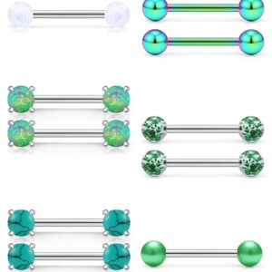 Yaalozei 14G Nipple Rings Piercing Jewelry for Women 14 Gauge Stainless Surgical Steel Green Turquoise Straight Nipplerings Nipple Barbell Bar Piercing Jewelry for Women 14mm