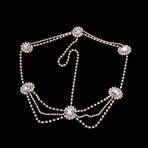 Missgrace Women Dainty Bohemian Rhinestones Gold Silver Head Chain Hair Accessories for Bridal and Girls (Gold)