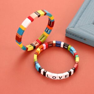 HZEYN Enamel Tile Bracelet Stackable Rainbow Tile Bead Love Stretchy Bracelet Colorblock Enamel Brite Bracelet for Women Set of 4 Strands