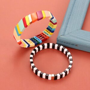 HZEYN Enamel Tile Bracelet Stackable Rainbow Tile Bead Love Stretchy Bracelet Colorblock Enamel Brite Bracelet for Women Set of 4 Strands