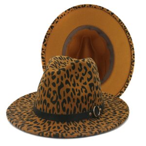 HUDANHUWEI Women's Wide Brim Felt Fedora Panama Hat with Leopard Belt Buckle Z-Khaki