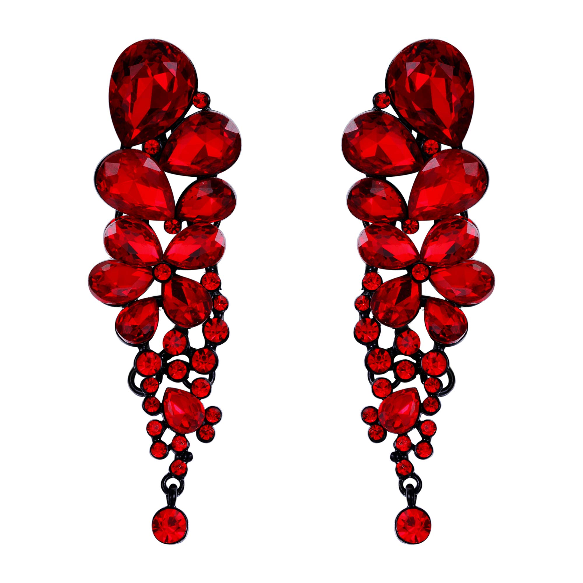 EVER FAITH Women's Wedding Banquet Jewelry Red Crystal Elegant Teardrop Dangle Pierced Earrings Black-Tone