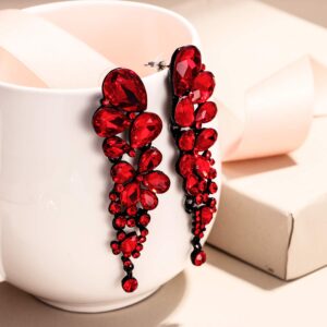 EVER FAITH Women's Wedding Banquet Jewelry Red Crystal Elegant Teardrop Dangle Pierced Earrings Black-Tone