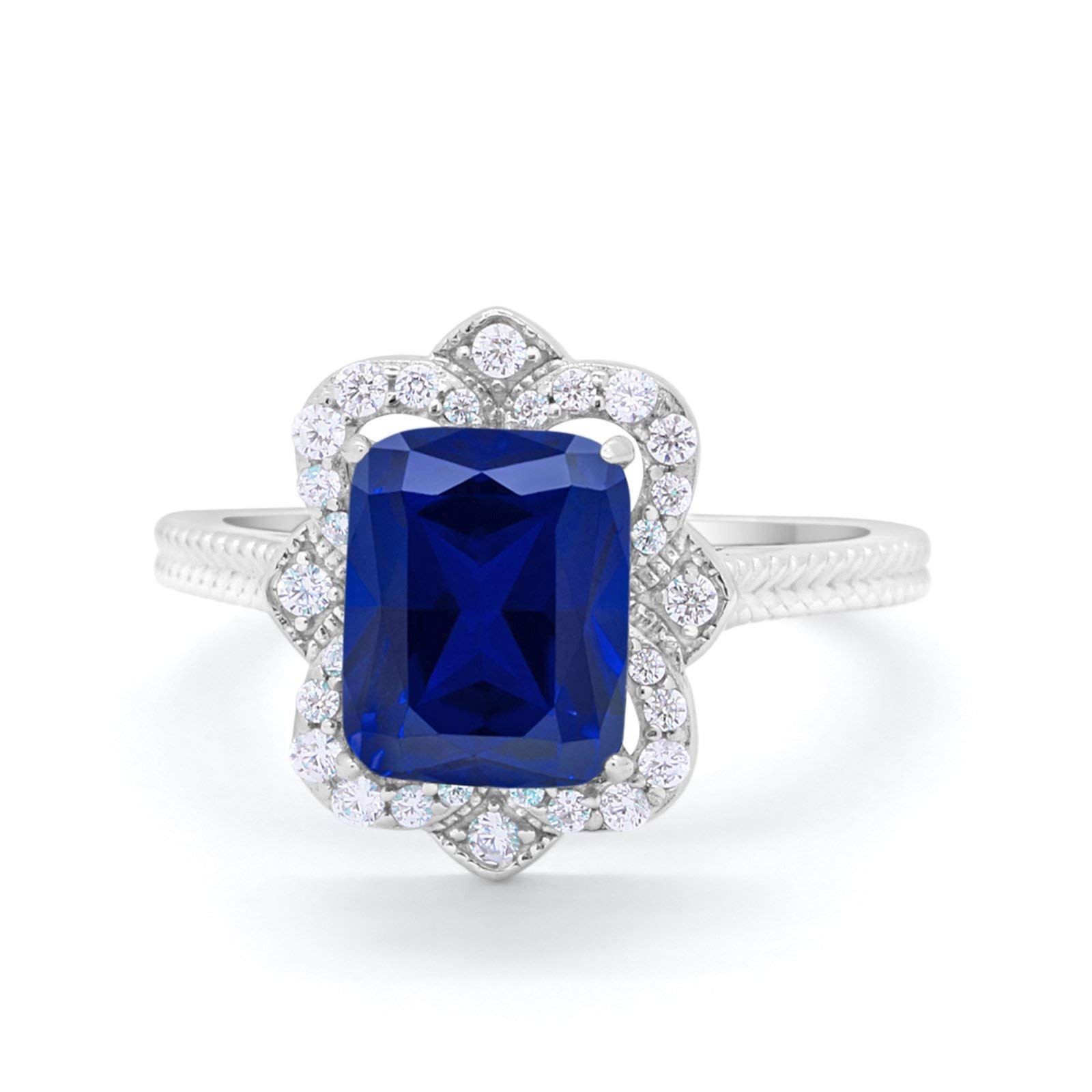 Halo Art Deco Emerald Cut Engagement Bridal Ring Round Simulated Blue Sapphire Cubic Zirconia 925 Sterling Silver Size-7