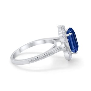 Halo Art Deco Emerald Cut Engagement Bridal Ring Round Simulated Blue Sapphire Cubic Zirconia 925 Sterling Silver Size-7