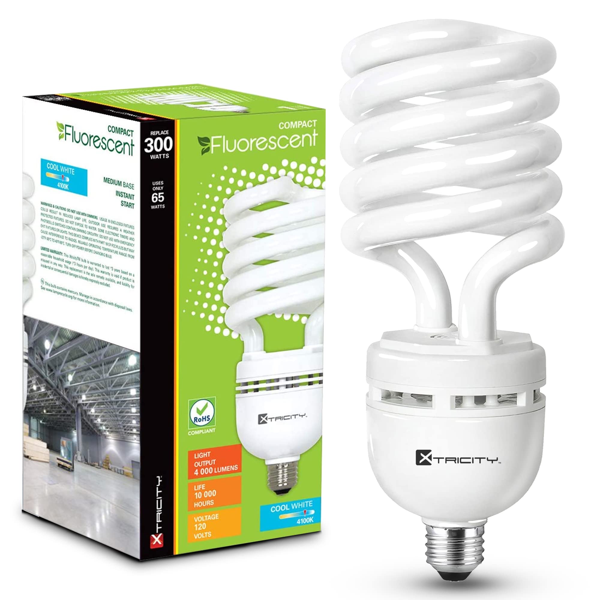 Xtricity CFL, 65W (300 Watt Equivalent), High Lumen 4000 Light Bulb, 4100K Cool White T5 Spiral, Compact Fluorescent, 4000 Lumens, E26 Medium Base, 120V, UL Listed