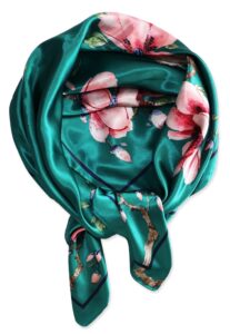 vabovin 35" fashion neckerchief women's silk like big satin square hair scarf accessory (blue green flowers)