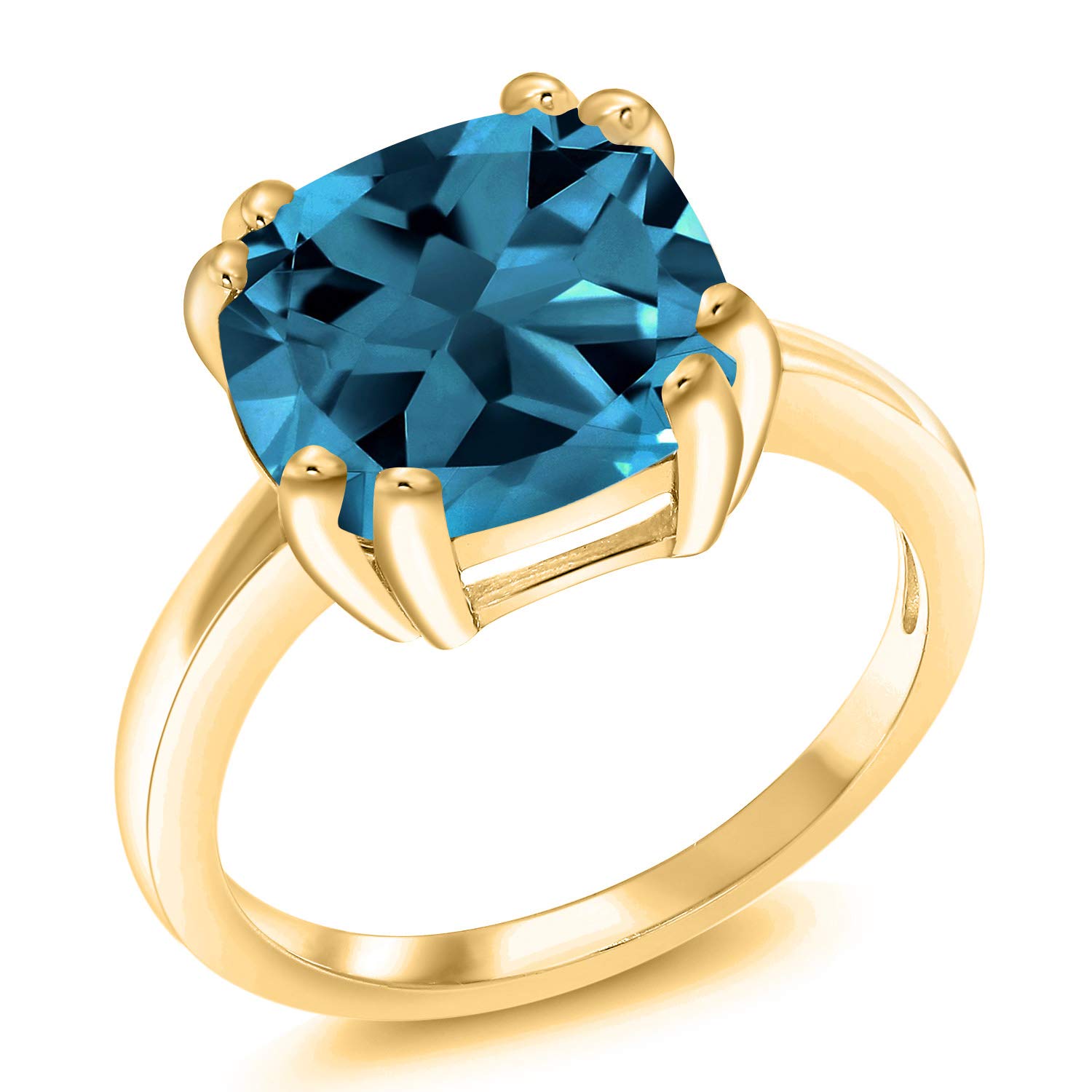 Gem Stone King 18K Yellow Gold Plated Silver London Blue Topaz Ring For Women (5.20 Cttw, Cushion 10MM, Gemstone Birthstone, Available In Size 5, 6, 7, 8, 9)