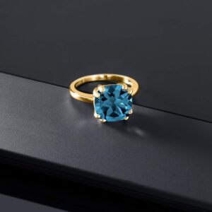 Gem Stone King 18K Yellow Gold Plated Silver London Blue Topaz Ring For Women (5.20 Cttw, Cushion 10MM, Gemstone Birthstone, Available In Size 5, 6, 7, 8, 9)