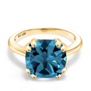 Gem Stone King 18K Yellow Gold Plated Silver London Blue Topaz Ring For Women (5.20 Cttw, Cushion 10MM, Gemstone Birthstone, Available In Size 5, 6, 7, 8, 9)