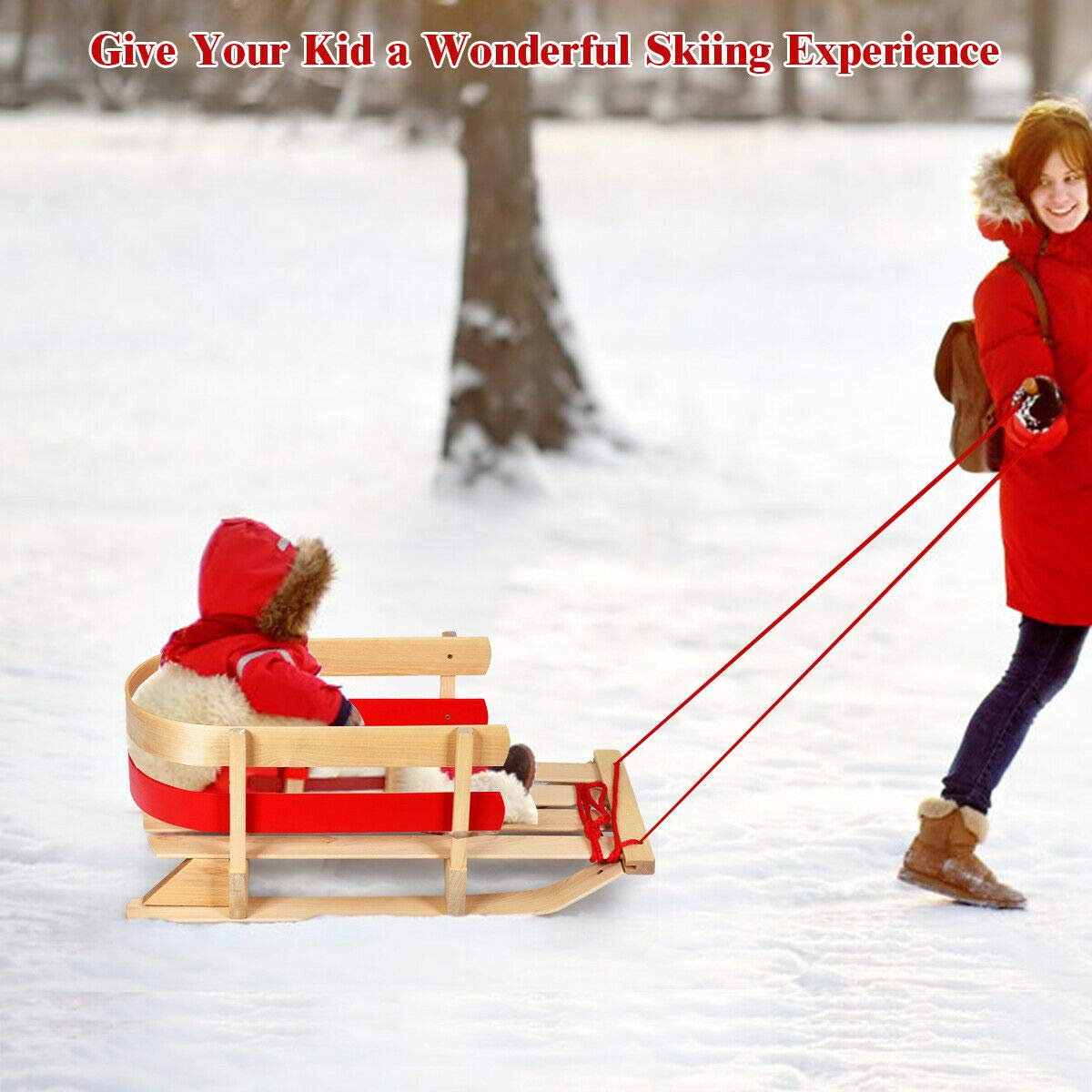 Goplus Wood Sled, Snow Wood Sled Pull Steering Slider Sleigh Toboggan with Solid Wood Seat Pulling Rope, for Kids Toddlers (29")