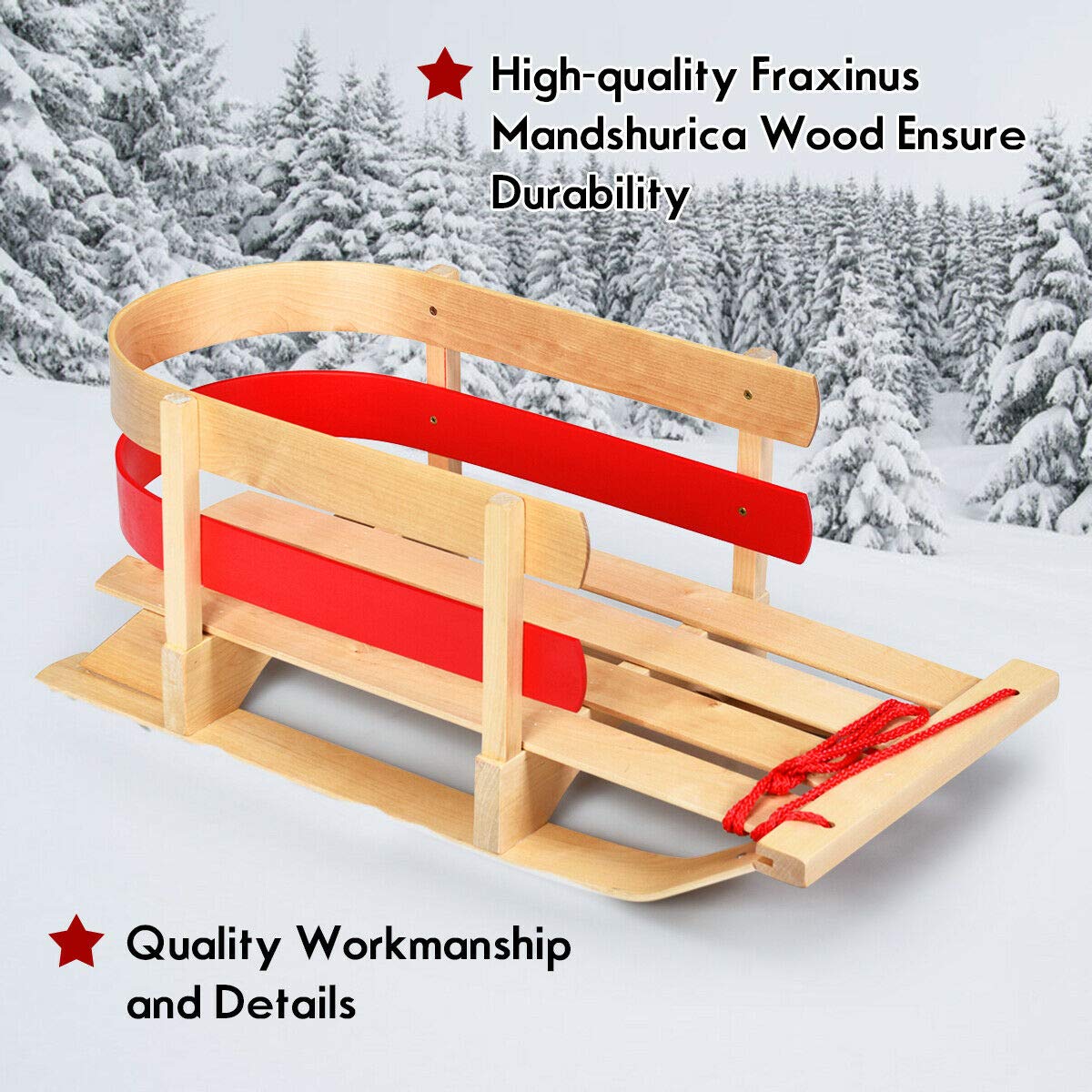 Goplus Wood Sled, Snow Wood Sled Pull Steering Slider Sleigh Toboggan with Solid Wood Seat Pulling Rope, for Kids Toddlers (29")