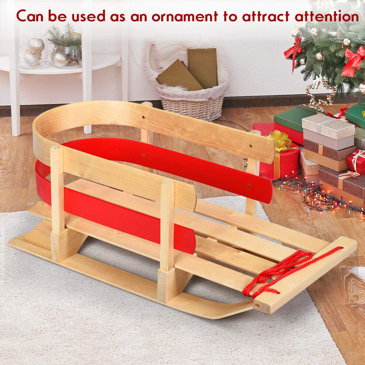 Goplus Wood Sled, Snow Wood Sled Pull Steering Slider Sleigh Toboggan with Solid Wood Seat Pulling Rope, for Kids Toddlers (29")