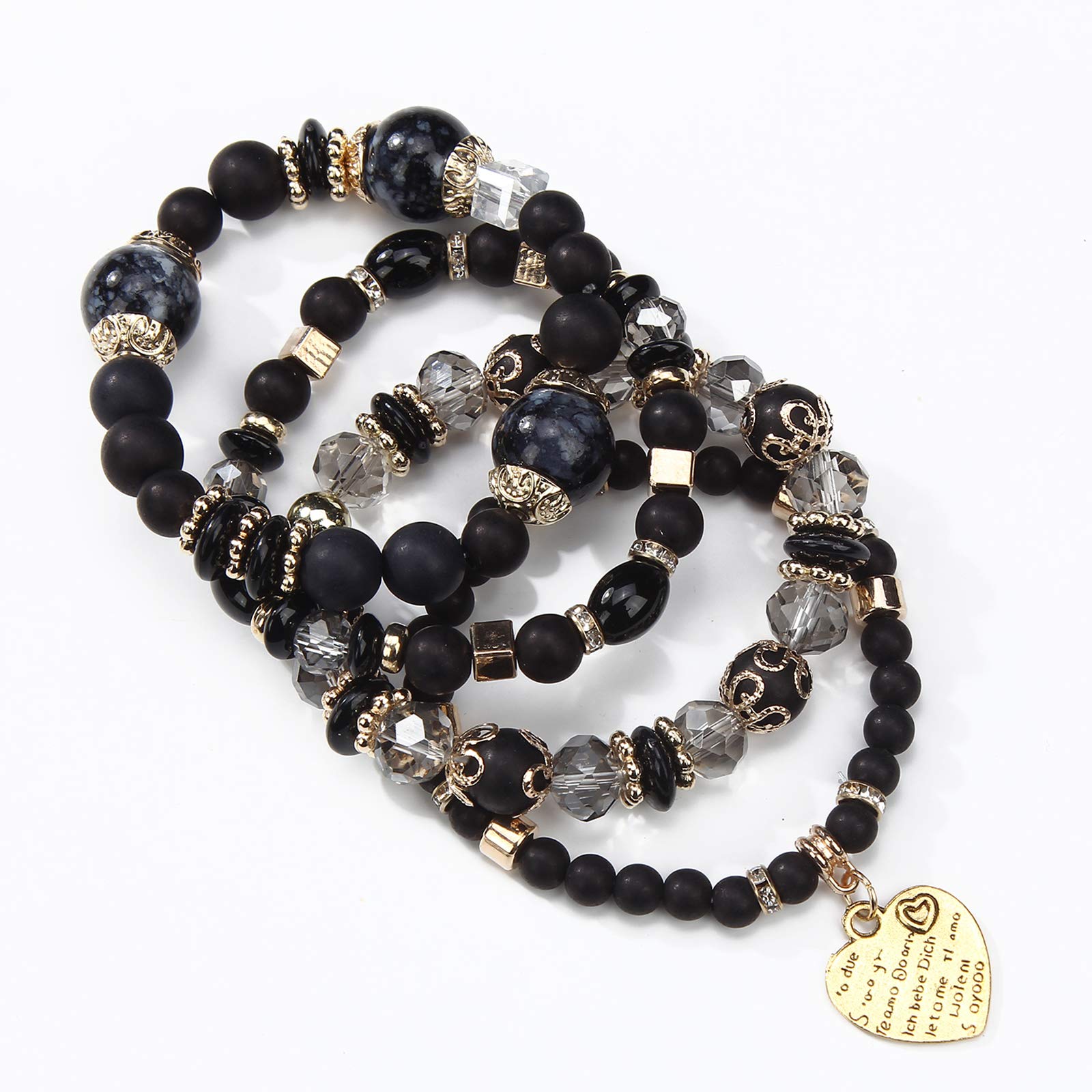 LUBINGSHINE Boho Multilayer Crystal Beads Heart Charm Bracelets for Women Vintage Man Bracelets Yoga Bangles Wrap Bracelet Ethnic Jewelry (Black)