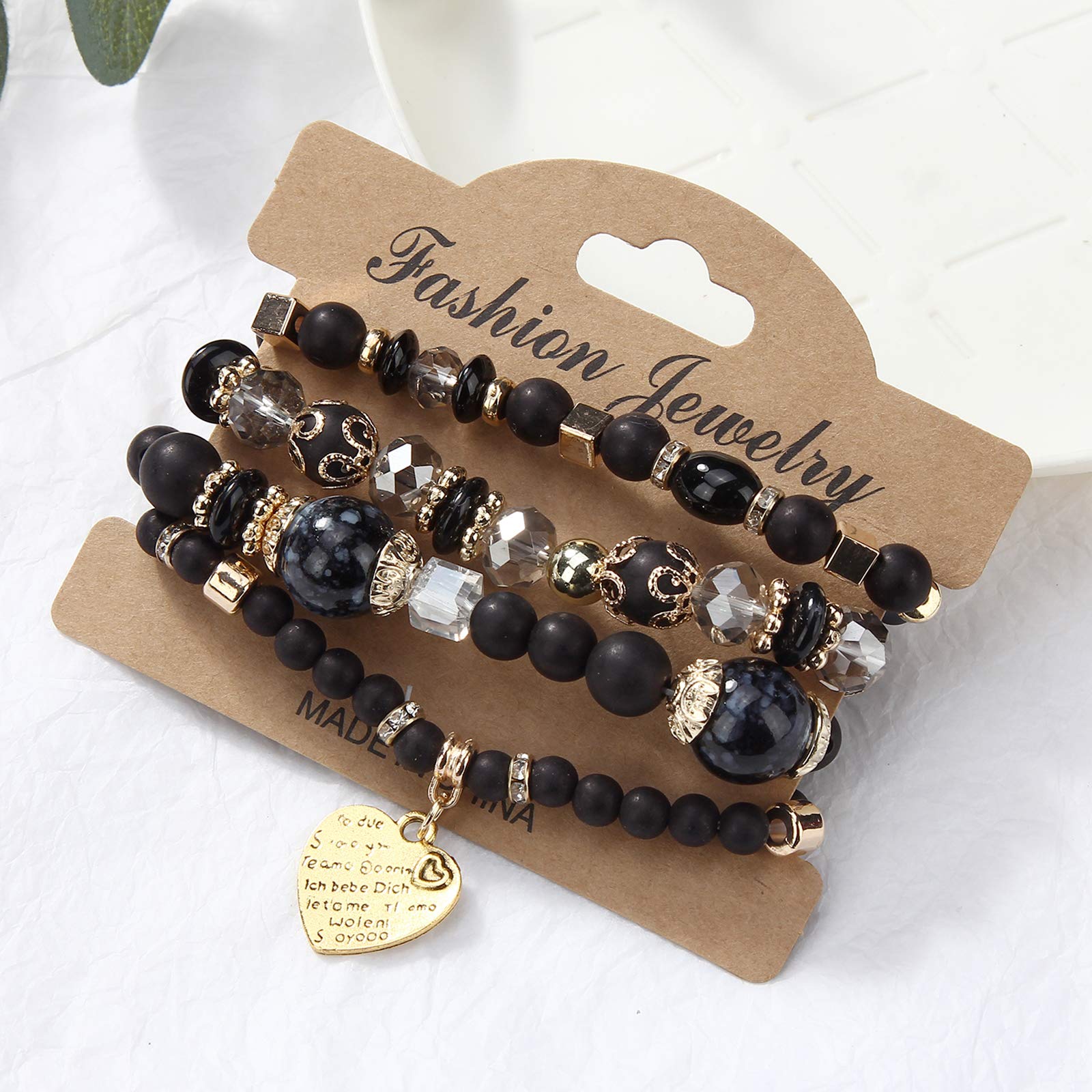 LUBINGSHINE Boho Multilayer Crystal Beads Heart Charm Bracelets for Women Vintage Man Bracelets Yoga Bangles Wrap Bracelet Ethnic Jewelry (Black)