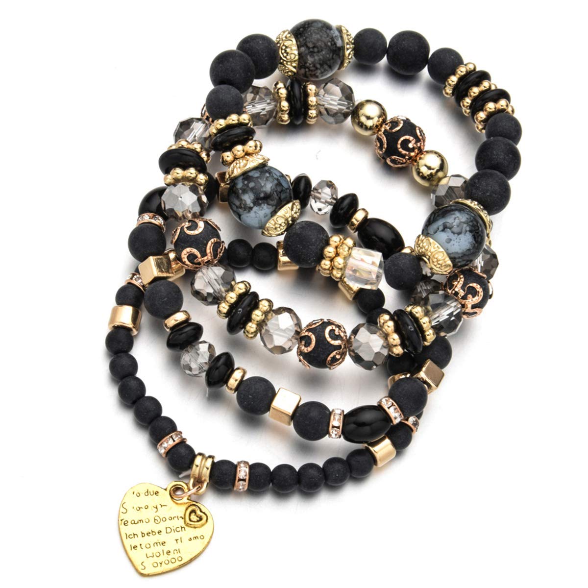 LUBINGSHINE Boho Multilayer Crystal Beads Heart Charm Bracelets for Women Vintage Man Bracelets Yoga Bangles Wrap Bracelet Ethnic Jewelry (Black)