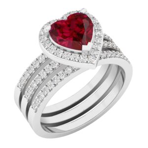 dazzlingrock collection 7 mm heart lab created ruby & round natural diamond women engagement ring double band set, sterling silver, size 9.5