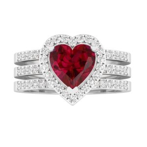 Dazzlingrock Collection 7 MM Heart Lab Created Ruby & Round Natural Diamond Women Engagement Ring Double Band Set, Sterling Silver, Size 9.5