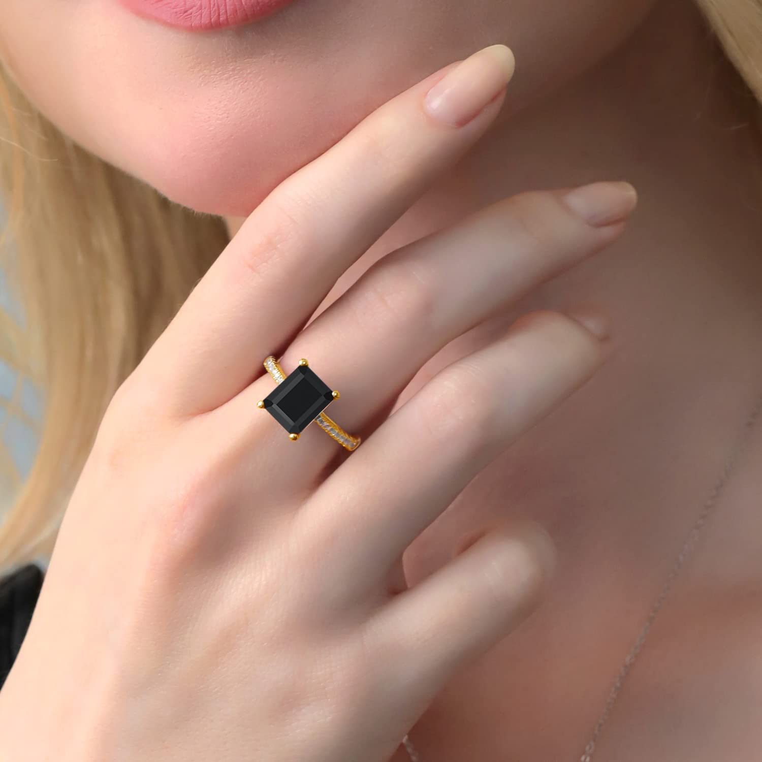 Gem Stone King 18K Yellow Gold Plated Silver Black Onyx and White Created Sapphire Ring For Women (3.39 Cttw, Gemstone Birthstone, Available in size 5, 6, 7, 8, 9)