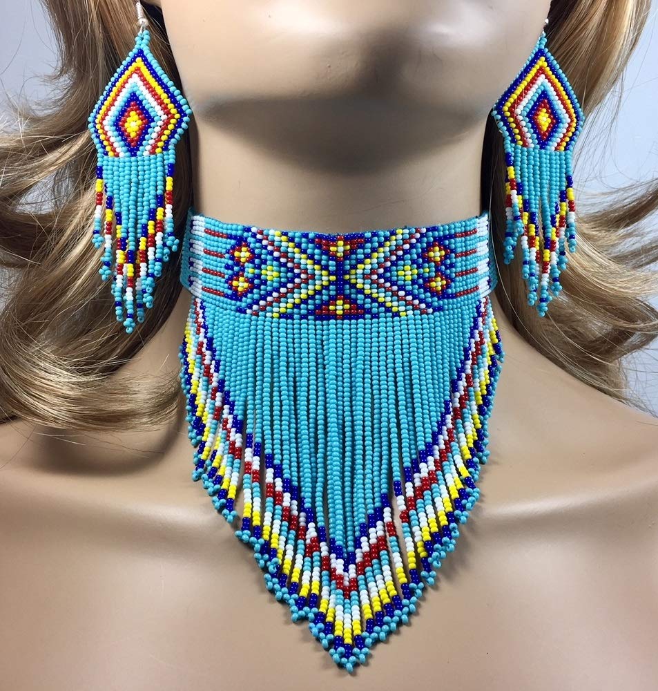 Native Style Seed Beads Beaded Choker Bib Statement Necklace (Blue)