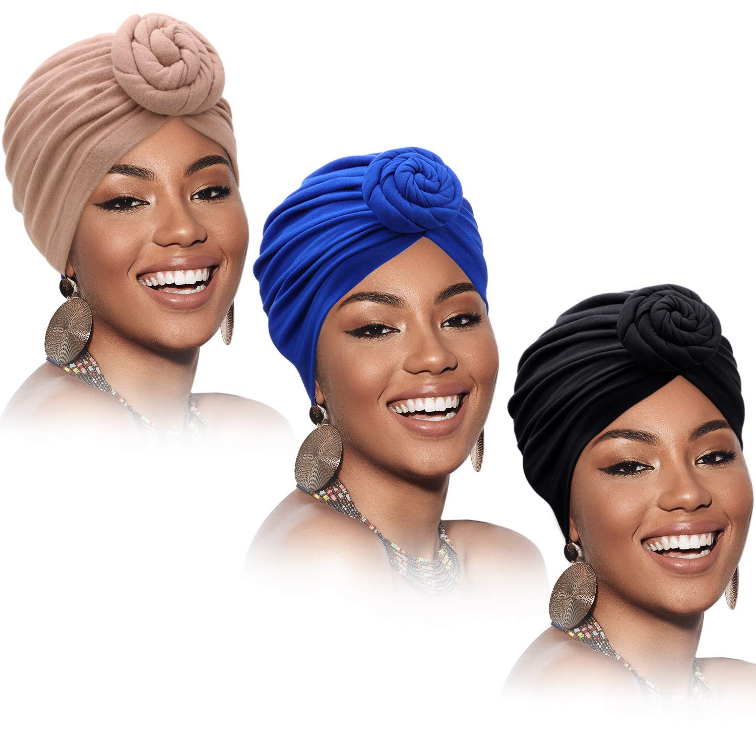 SATINIOR 3 Pieces African Turban for Women Knot Pre-Tied Bonnet Beanie Cap Headwrap (Black, Blue, Khaki)