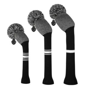 Scott Edward Knit Golf Club Cover Set of 3 Black and White Dot Fish Scale Pattern Protect Driver Wood(460cc) Fairway Wood and Hybrid/UT with Rotating Club Number Tags