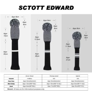 Scott Edward Knit Golf Club Cover Set of 3 Black and White Dot Fish Scale Pattern Protect Driver Wood(460cc) Fairway Wood and Hybrid/UT with Rotating Club Number Tags