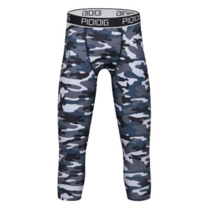 piqidig youth boys compression pants 3/4 basketball tights sports capris leggings (camo gray, medium)